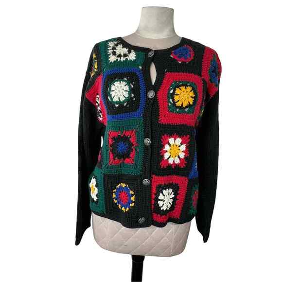 Vintage‎ Gap 100% Cotton Granny Square Crochet Cardigan Silver Tone Buttons  L - Picture 1 of 8